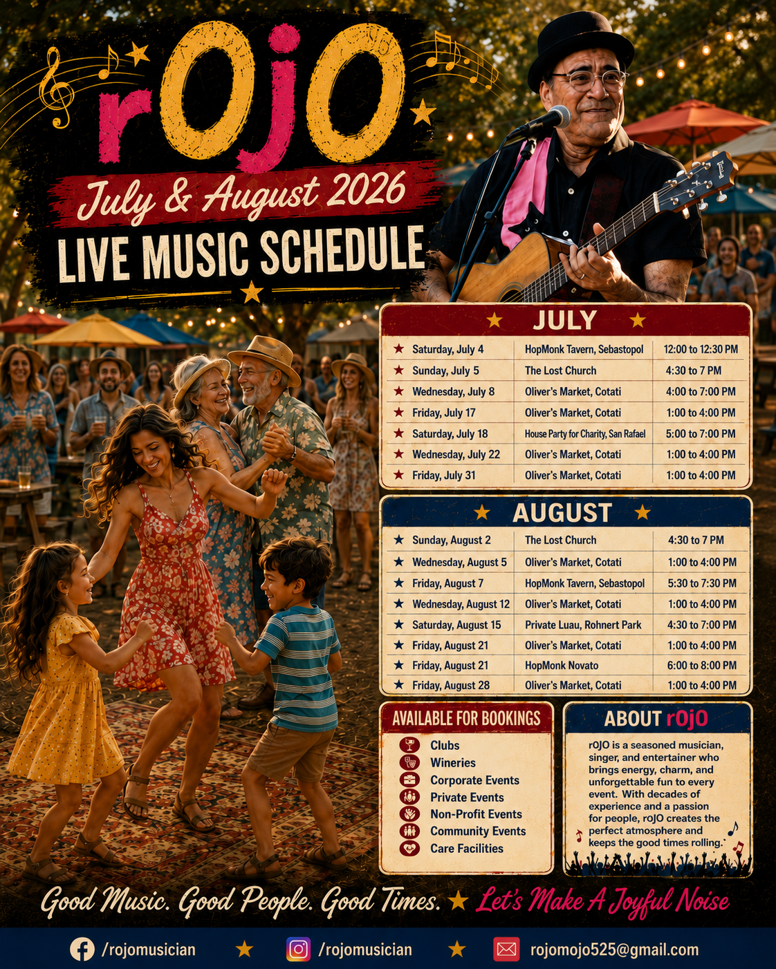 rOjO July and August 2026 live music schedule flyer